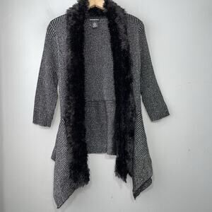 Metallic Silver Cardigan Size Small Black Faux Fur Trim Whimsigoth Indie Sleaze